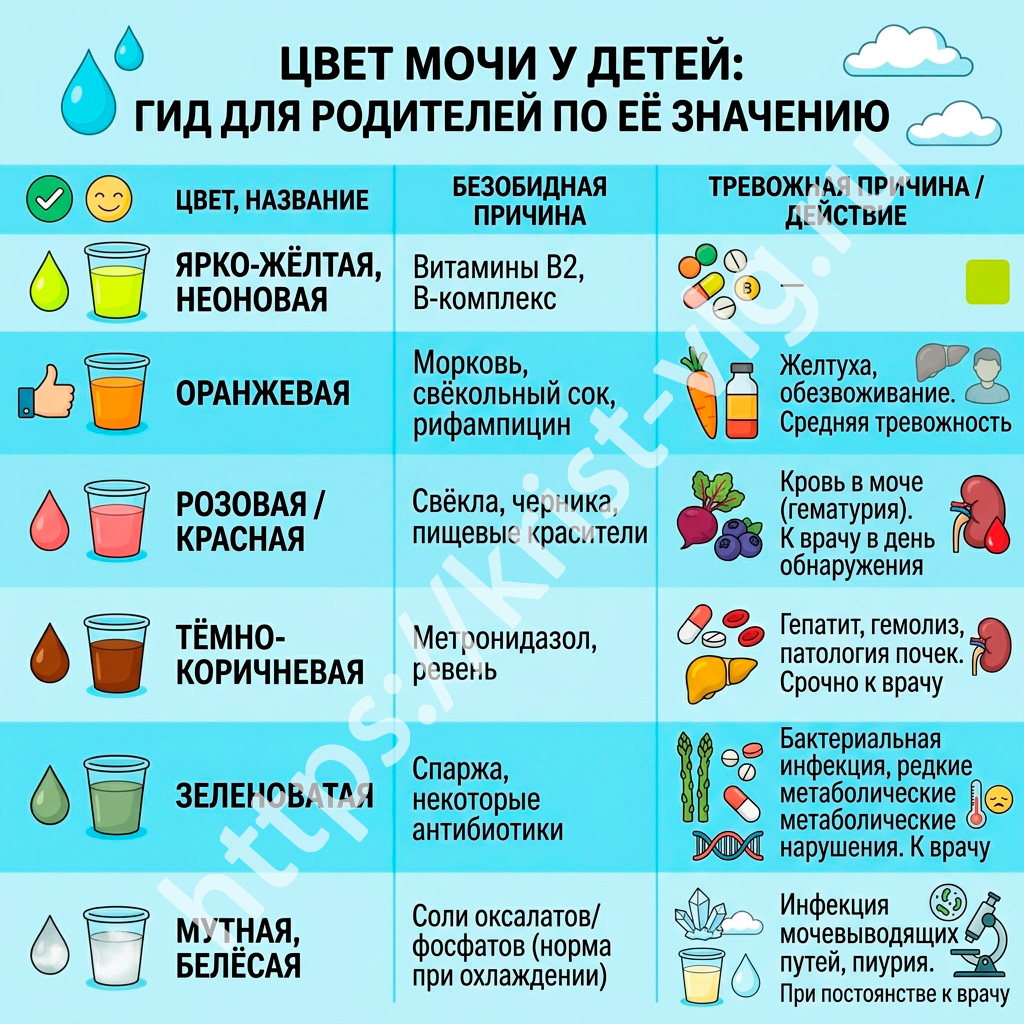 Таблица изменения цвета мочи ребенка в зависимости от съеденных продуктов или лекарств